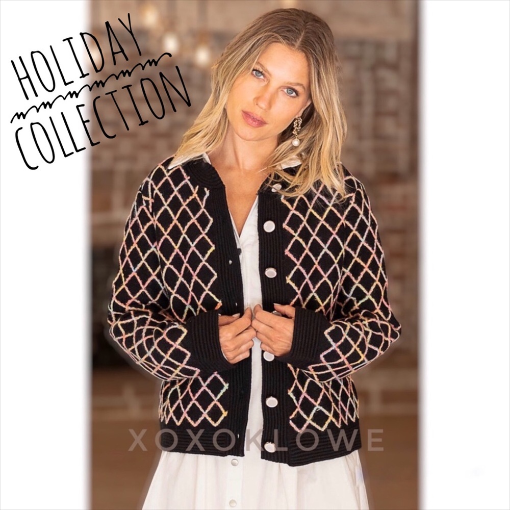 POL Black Diamond Cardigan | Button Front Multicolor Knit